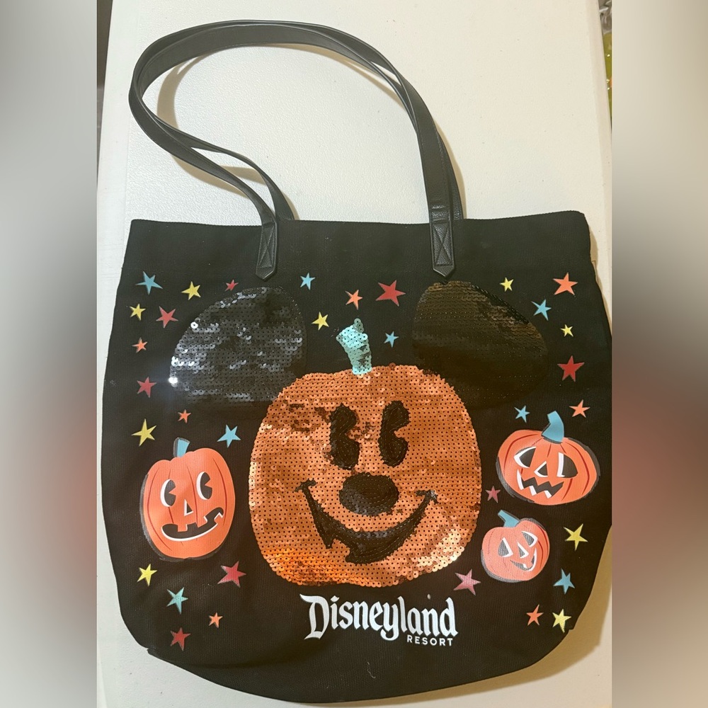 Disneyland Resort Black Halloween Tote Bag Sequined Mickey Pumpkin Head